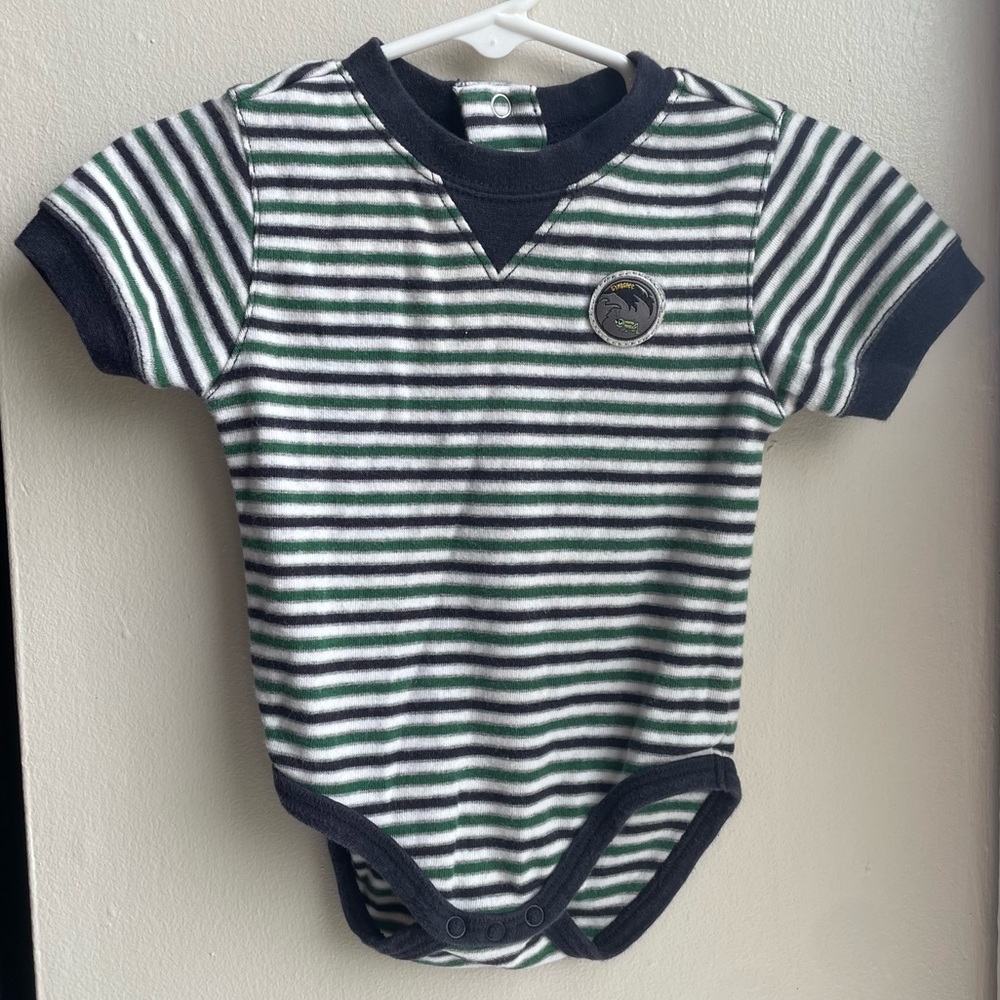 VTG Y2K GYMBOREE BLUE GREEN STRIPED CRICKET PATCH ONESIE OUTFIT SIZE 3/6 MONTHS